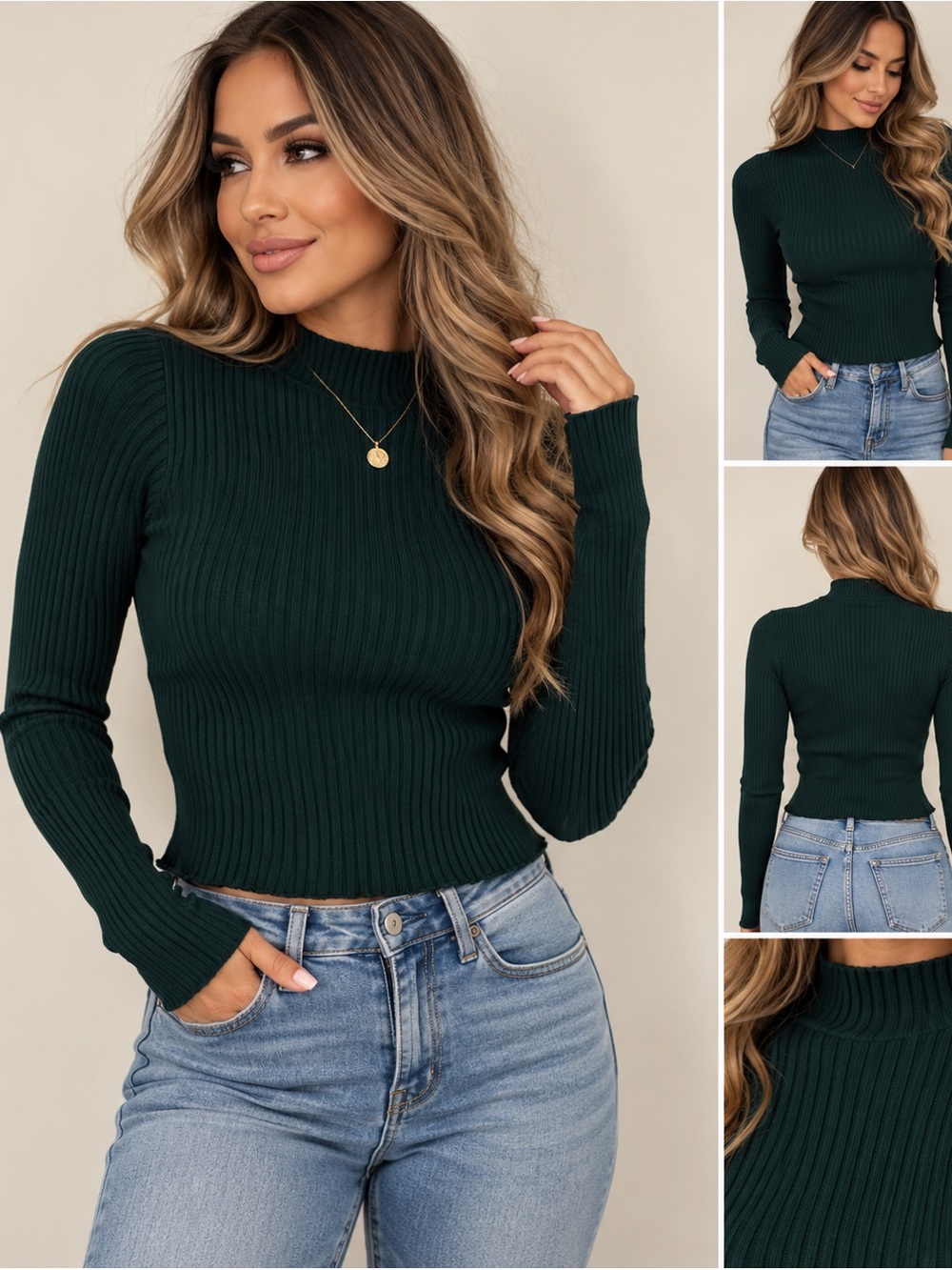 & Other Stories Dark Green Ribbed Long-Sleeve Mock Neck Top